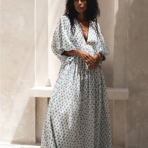 Daughters of India XSKyra Maxi Dress ~ Azure Floral Maxi Dress with Puff Sleeves